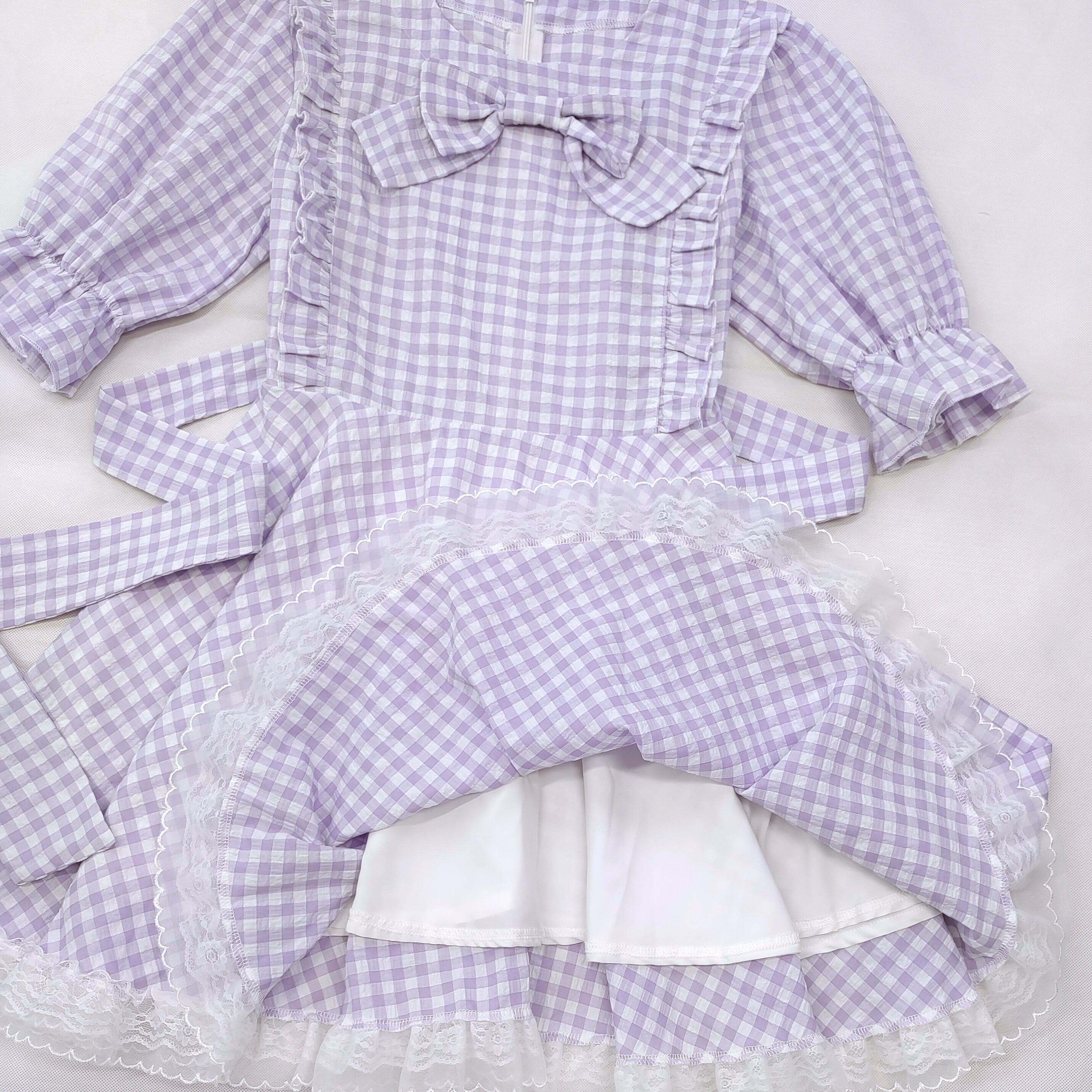 Sweet Lolita Gingham Dress with Lace Trim and Bows Kawaii Puff Sleeve Doll Style